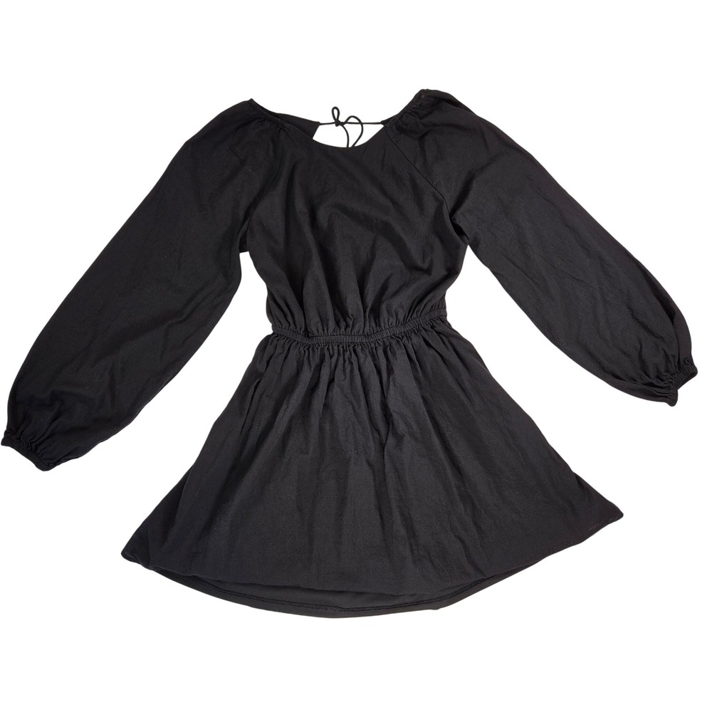 H&M Divided Black Peasant Sleeve Open Tie Back Lined Skirt Mini Dress Size M
